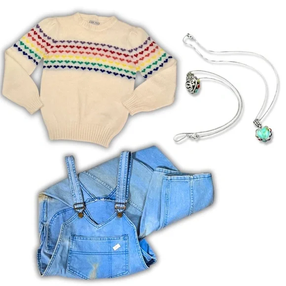 Vintage Cream Knit Sweater, Multicolor Heart Pattern, Sm, 80s Fall - Picture 8 of 9